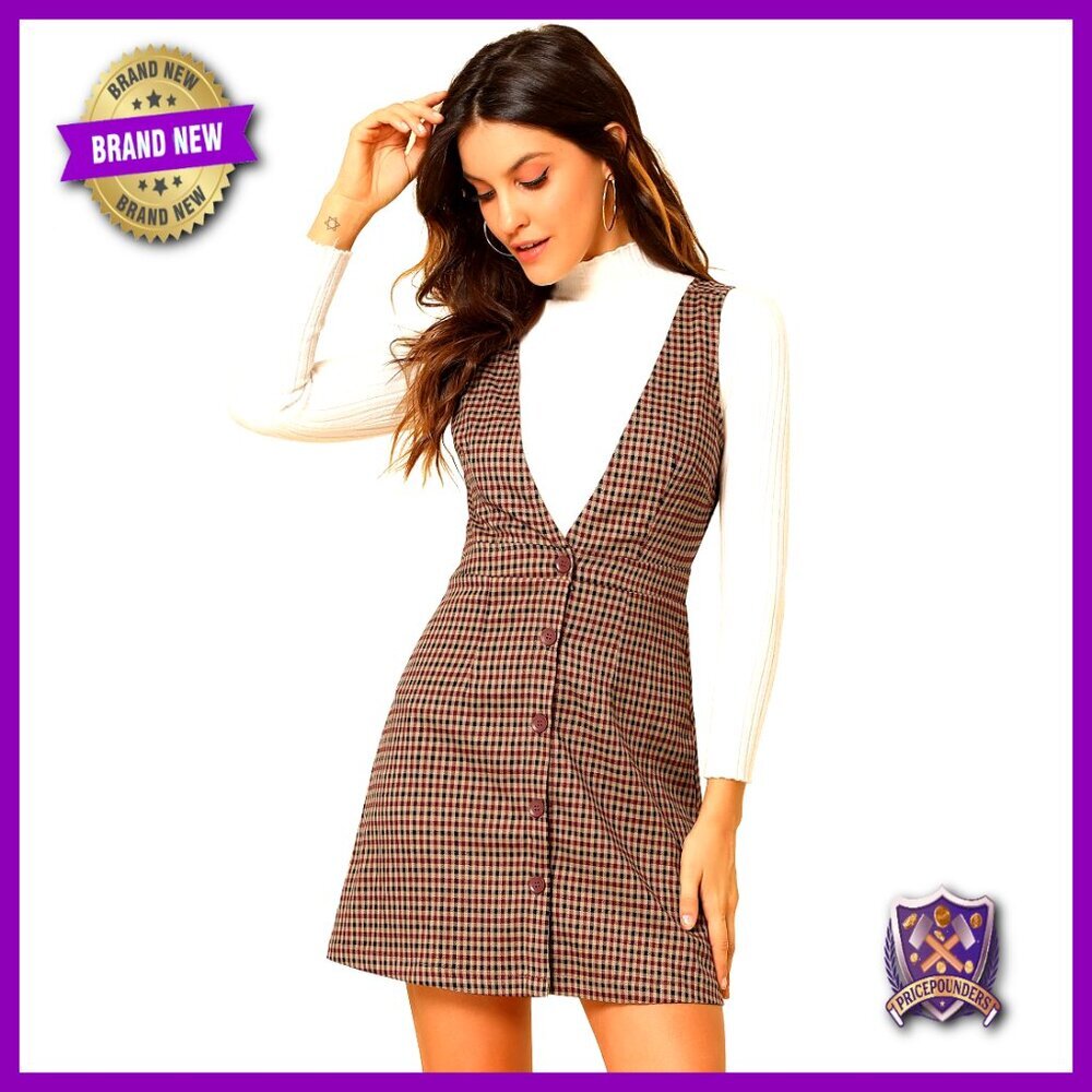 Sleeveless A-Line Overall Dress Button Front Plaid Pinafore Y2K Chic